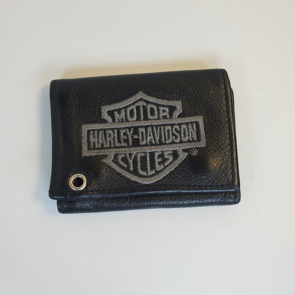 Vintage HARLEY DAVIDSON TriFold Snap Close Chain Wallet Black Soft Leather USA